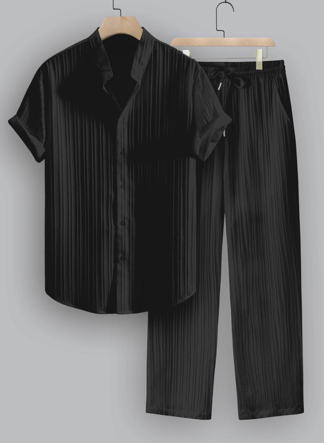 Take Two Striped Stand Collar Short Sleeve Shirt and Trousers Co-Ords - Image 1