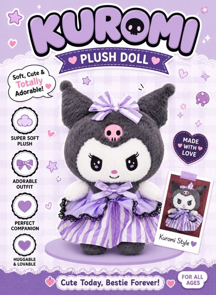 NinEx Kuromi Plush Doll in Purple Dress - Image 1