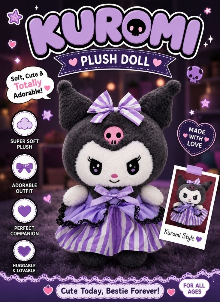 NinEx Kuromi Plush Doll in Purple Dress - Image 2