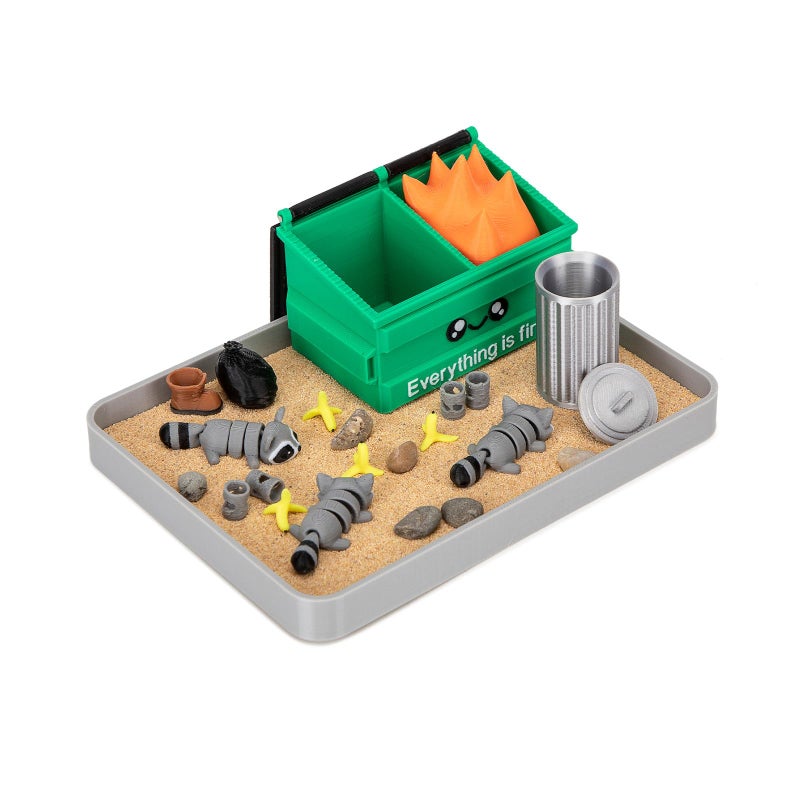 Stylor Dumpster Fire Zen Garden Desk Decor - 3D Print Plastic Miniature Sandbox with Raccoon & Flames, Humorous Office Stress Relief Gift, Includes Stones, Sand & Accessories - Image 5