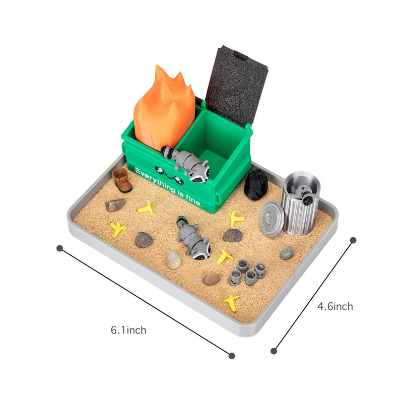 Stylor Dumpster Fire Zen Garden Desk Decor - 3D Print Plastic Miniature Sandbox with Raccoon & Flames, Humorous Office Stress Relief Gift, Includes Stones, Sand & Accessories - Image 2