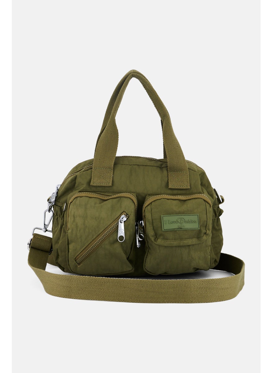 I Love Fashion - Women Brand Logo Cross Body Bag 30 L x 21 H x 15 W cm, Olive - Image 1