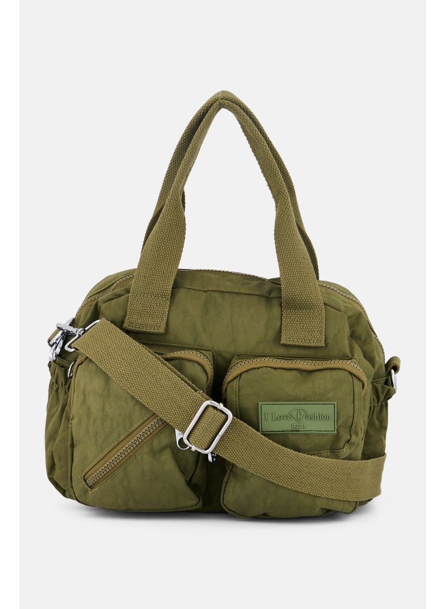 I Love Fashion - Women Brand Logo Cross Body Bag 30 L x 21 H x 15 W cm, Olive - Image 1