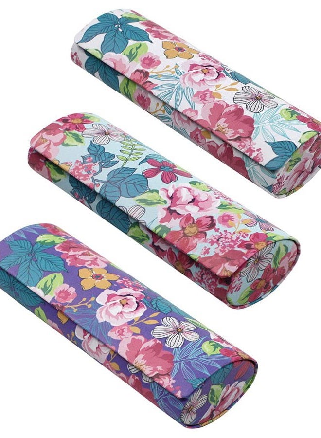 JAVOedge [3 PACK], Various Pattern Long Oval Hard Glasses Case Includes Microfiber Cleaning Cloth, Florals - Style B, M - Image 1