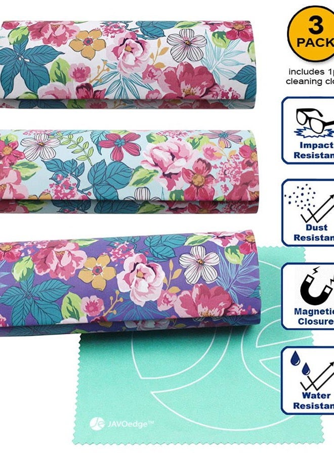 JAVOedge [3 PACK], Various Pattern Long Oval Hard Glasses Case Includes Microfiber Cleaning Cloth, Florals - Style B, M - Image 2