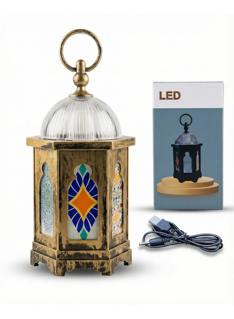 3pc Ramadan Decoration Bundle - LED Mosque Crescent Moon Lamp, Kids Cartoon Character Table Light, & Vintage Glass Fanous Lantern  Cable - Image 2