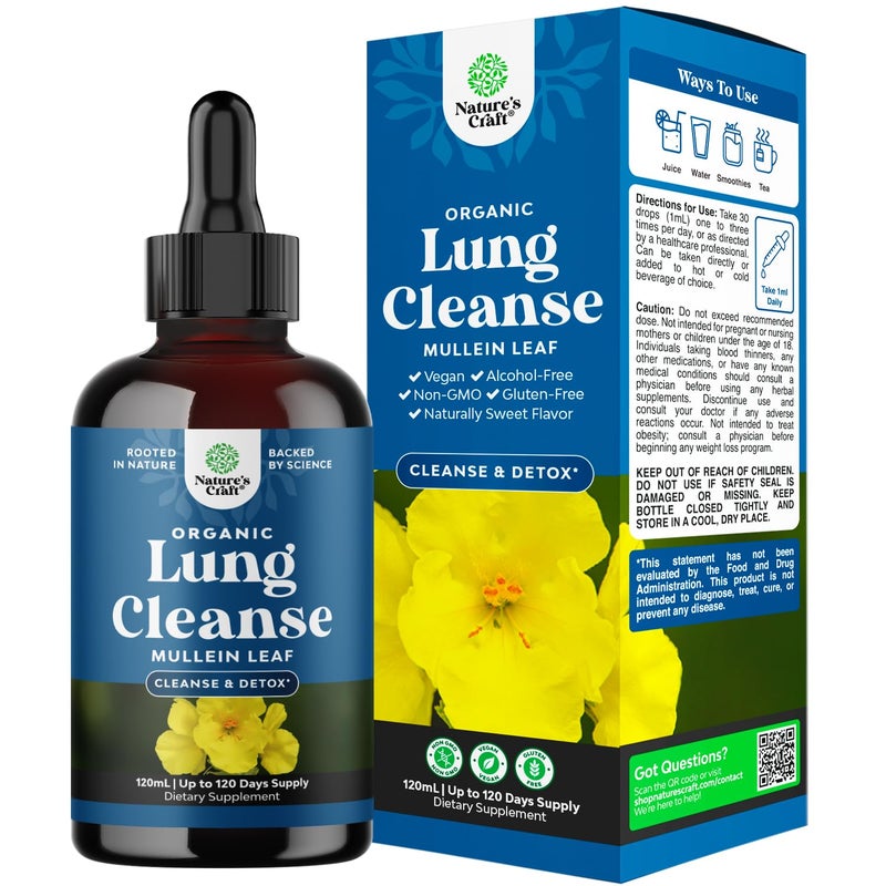 Natures Craft قطرات المولين العضوية من وزارة الزراعة الأمريكية لتنظيف الرئتين بالأعشاب مع مستخلص جذر الخطمي وورق البلانتاين لصحة الرئة 120 مل