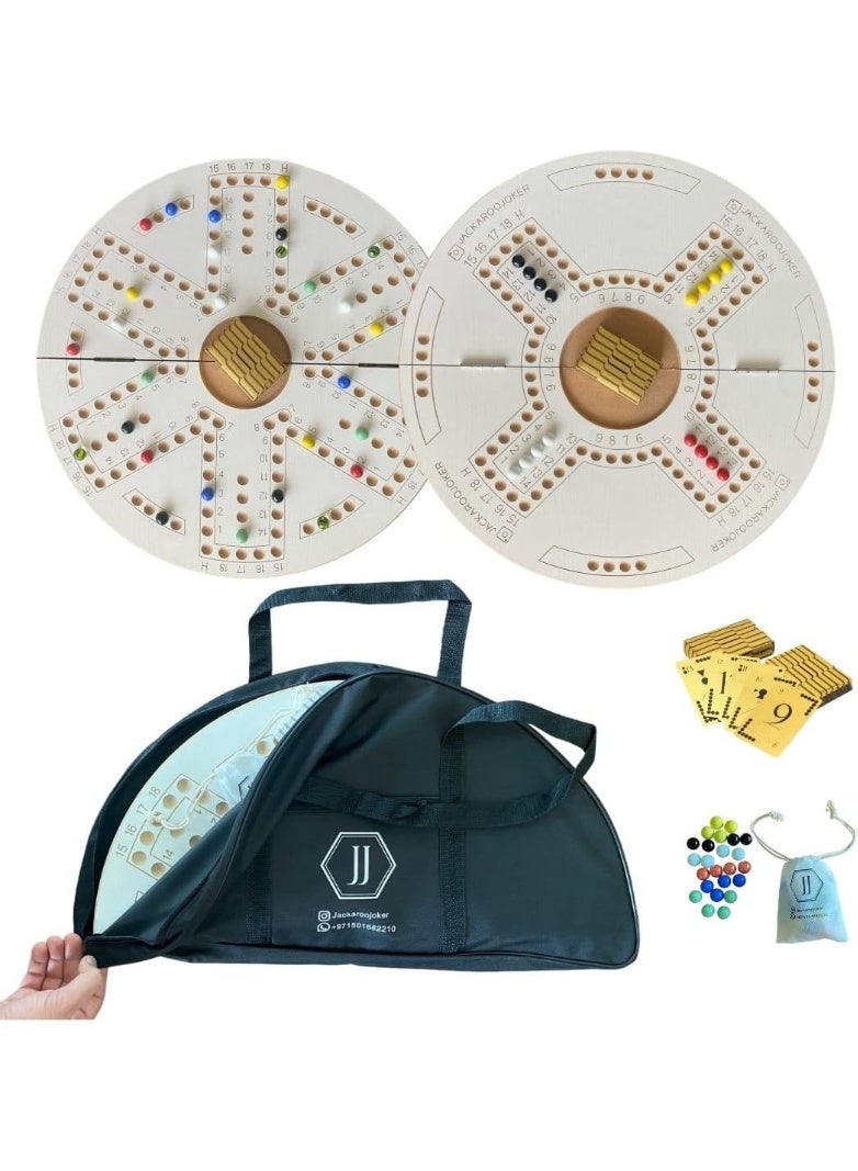 JACKAROOJOKER Jackaroo Joker Wooden Board Game for 4 or 6 players double sided Foldable with Bag,Includes 1 Golden Plastic Cards and Marbles, Small bag for Marbles and a bag for Jakaroo - Image 1
