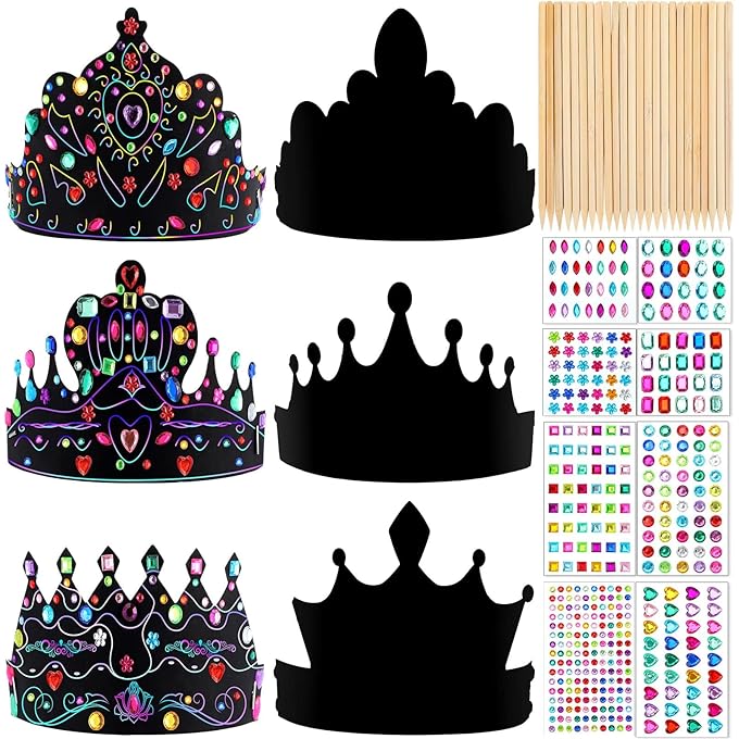 DIY Paper Crowns Set, 80 Pcs Crafts Crowns with Rainbow Color Scratch Design. Includes DIY Craft Scratch Crown Headband Hats, Wooden Styluses, Colorful Gem Jewels Stickers for Boys, Girls