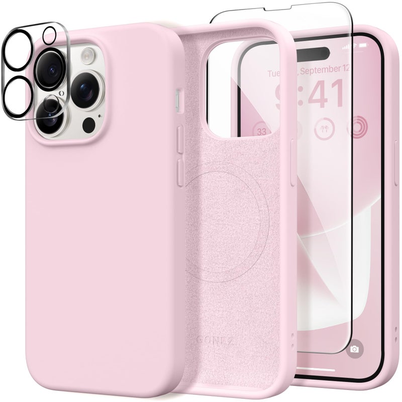 GONEZ for iPhone 14 Pro Case, Compatible with Magsafe, with Screen Protector + Camera Lens Protector, Soft Anti-Scratch Microfiber Lining, Shockproof Liquid Silicone Phone Cover, Pastel Pink - Image 1