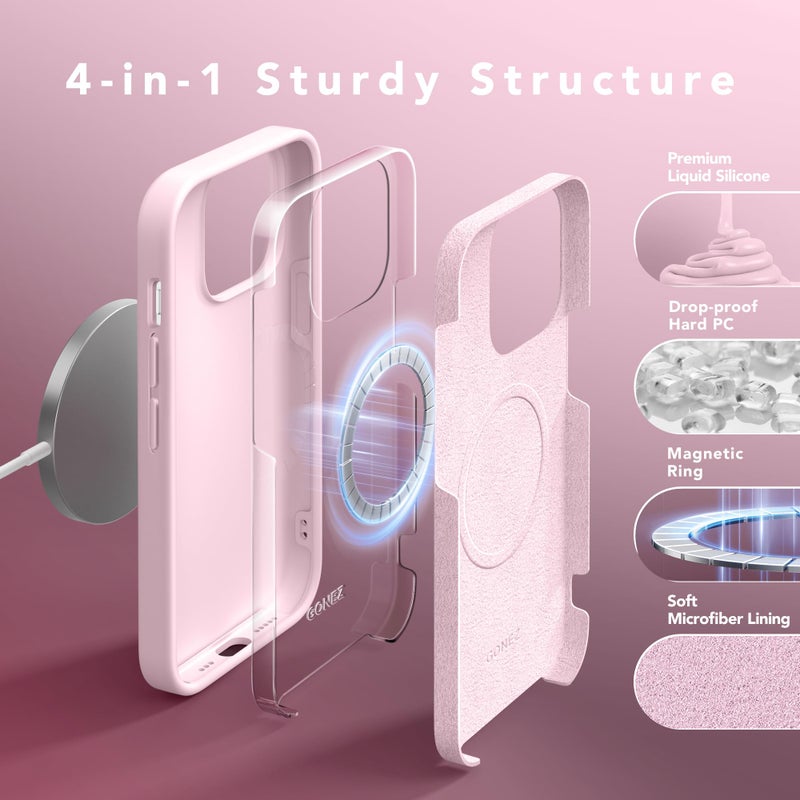 GONEZ for iPhone 14 Pro Case, Compatible with Magsafe, with Screen Protector + Camera Lens Protector, Soft Anti-Scratch Microfiber Lining, Shockproof Liquid Silicone Phone Cover, Pastel Pink - Image 3
