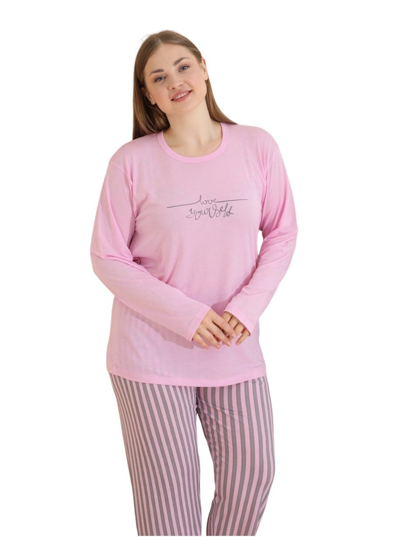 Lindros Women's Pajama Set Plus Size Turkish Cotton Pyjama Set Full Sleeve Homewear Nightwear Printed Pink/Grey  - Image 2