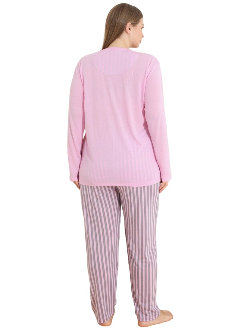 Lindros Women's Pajama Set Plus Size Turkish Cotton Pyjama Set Full Sleeve Homewear Nightwear Printed Pink/Grey  - Image 3