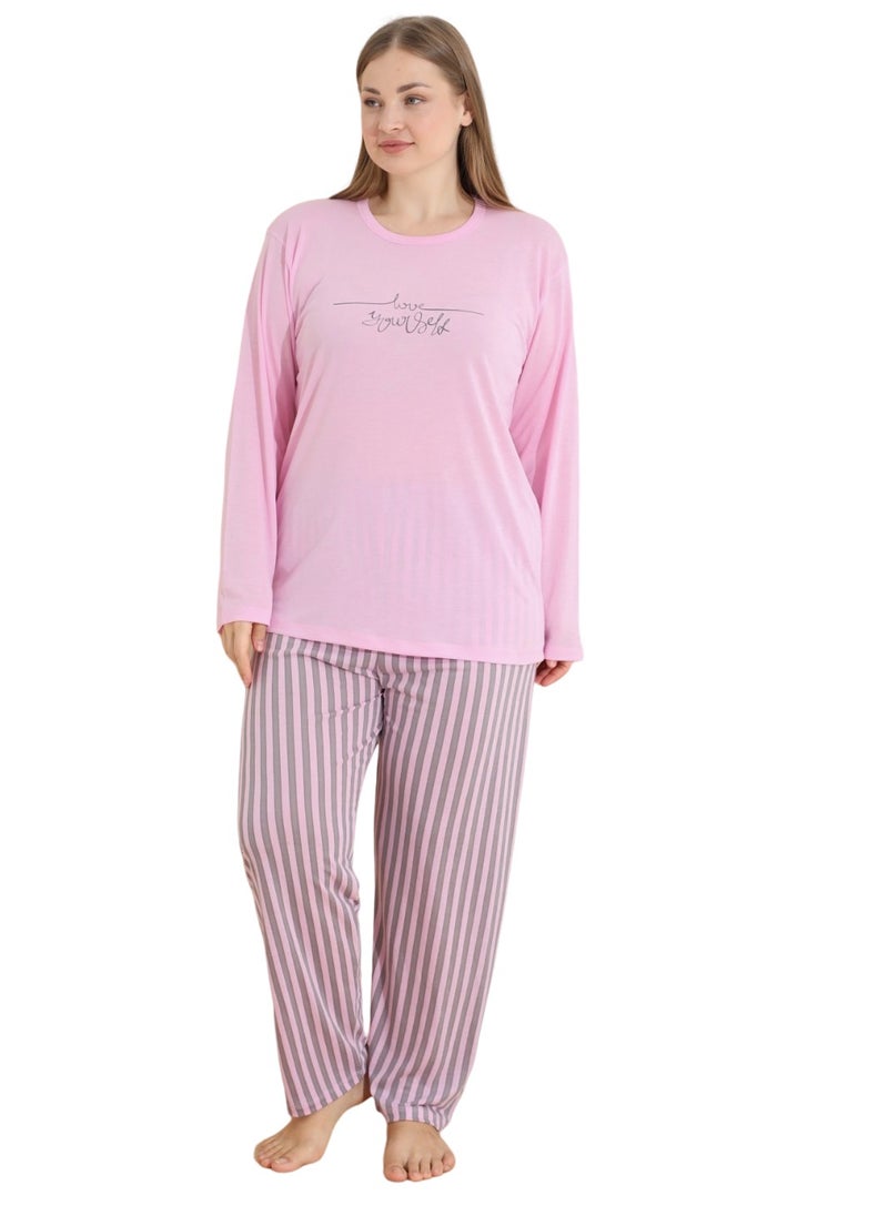 Lindros Women's Pajama Set Plus Size Turkish Cotton Pyjama Set Full Sleeve Homewear Nightwear Printed Pink/Grey  - Image 4