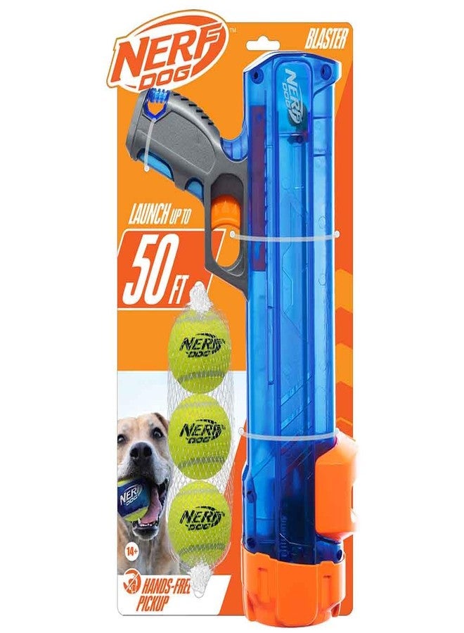 Nerf Dog Tennis Ball Blaster Dog Toy Gift Set, Tennis Ball Dog Fetch Toy Launches up to 50 ft, Dog Ball Thrower for All Breeds Includes Translucent Blue Tennis Ball Launcher and 3 Dog Tennis Balls - Image 1