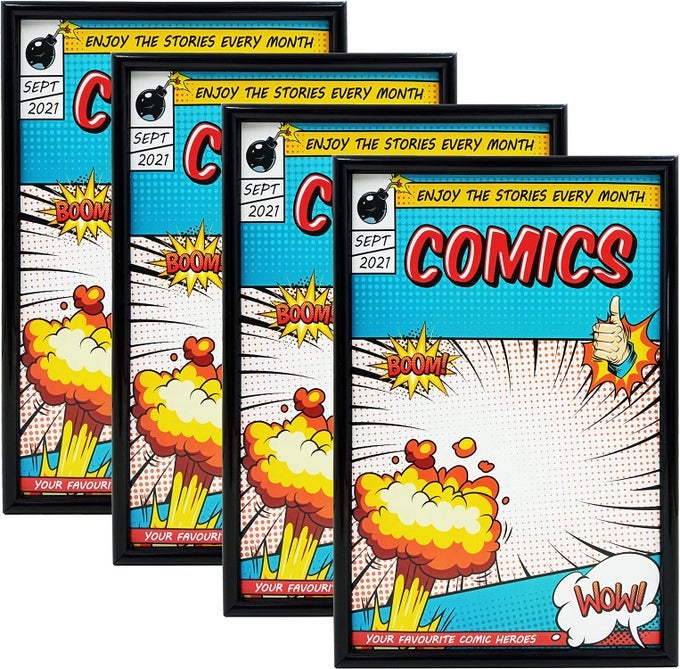 Comic Book Frame 4 Pack Ultraviolet UV Protection Fits Current Comics up to 6 34 x 10 14 Wall or Tabletop DisplaySpring Clips for Thicker Comics as Well set of 4pcs Black 4