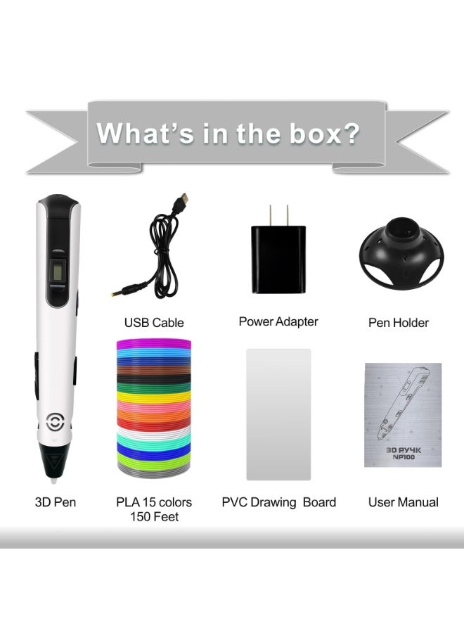 قلم ثلاثي الأبعاد للأطفال، قلم طباعة ثلاثية الأبعاد مع 45 مترًا من خيوط PLA، 15 لونًا، عبوة إعادة تعبئة، طقم رسم فني لقلم طابعة ثلاثية الأبعاد، لعبة جرافيتي ثلاثية الأبعاد، هدية فنية ممتعة للأولاد والبنات والمراهقين (NP100، أبيض) - Image 2
