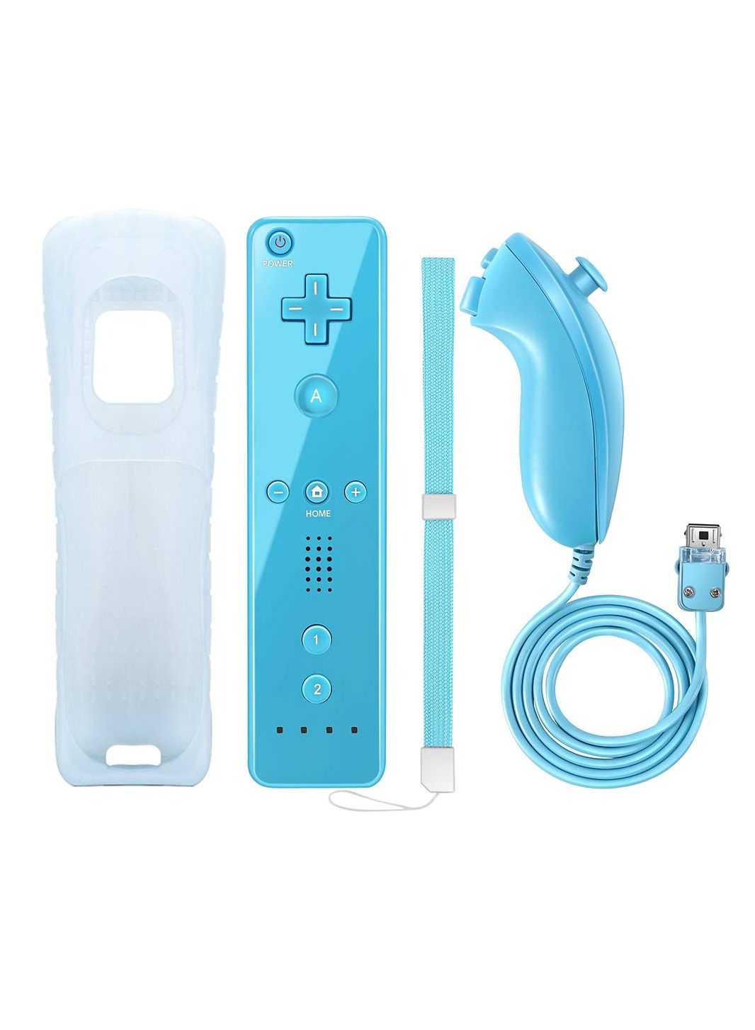 Remote Controller and Nunchaku Controller Replacement for Wii Remote Controller,Built in 3-axis Motion Sensor,Compatible with Nintendo Wii/Wii U,with Silicone Case and Wrist Strap (Blue 1set) 