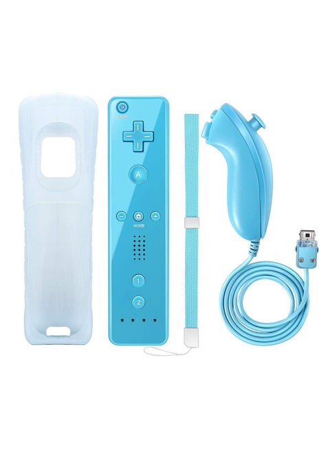 Remote Controller and Nunchaku Controller Replacement for Wii Remote Controller,Built in 3-axis Motion Sensor,Compatible with Nintendo Wii/Wii U,with Silicone Case and Wrist Strap (Blue 1set)