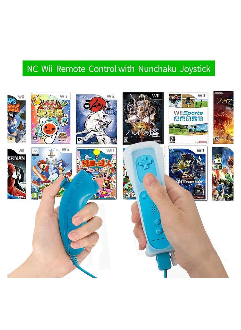 Remote Controller and Nunchaku Controller Replacement for Wii Remote Controller,Built in 3-axis Motion Sensor,Compatible with Nintendo Wii/Wii U,with Silicone Case and Wrist Strap (Blue 1set)