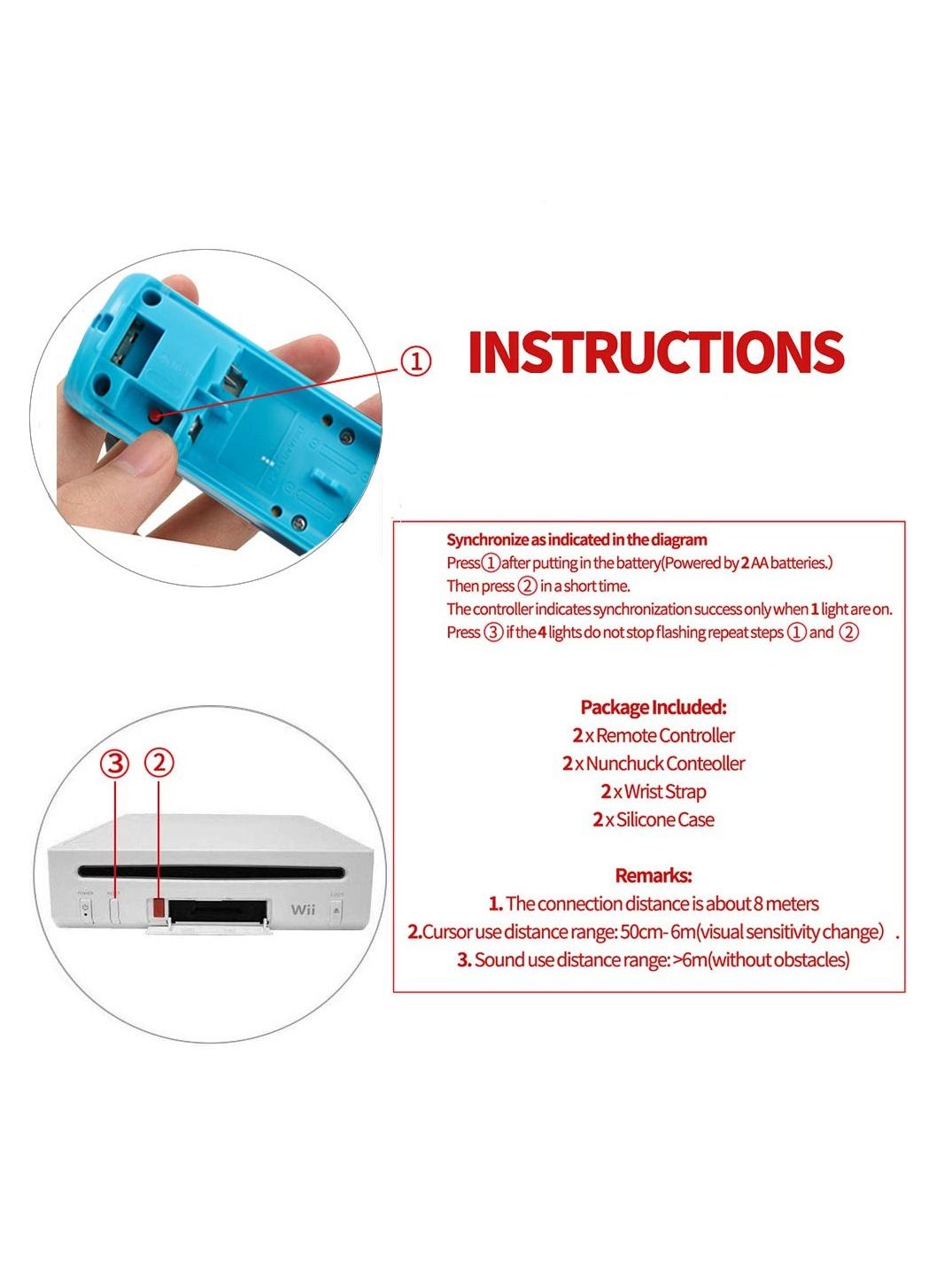Remote Controller and Nunchaku Controller Replacement for Wii Remote Controller,Built in 3-axis Motion Sensor,Compatible with Nintendo Wii/Wii U,with Silicone Case and Wrist Strap (Blue 1set) 