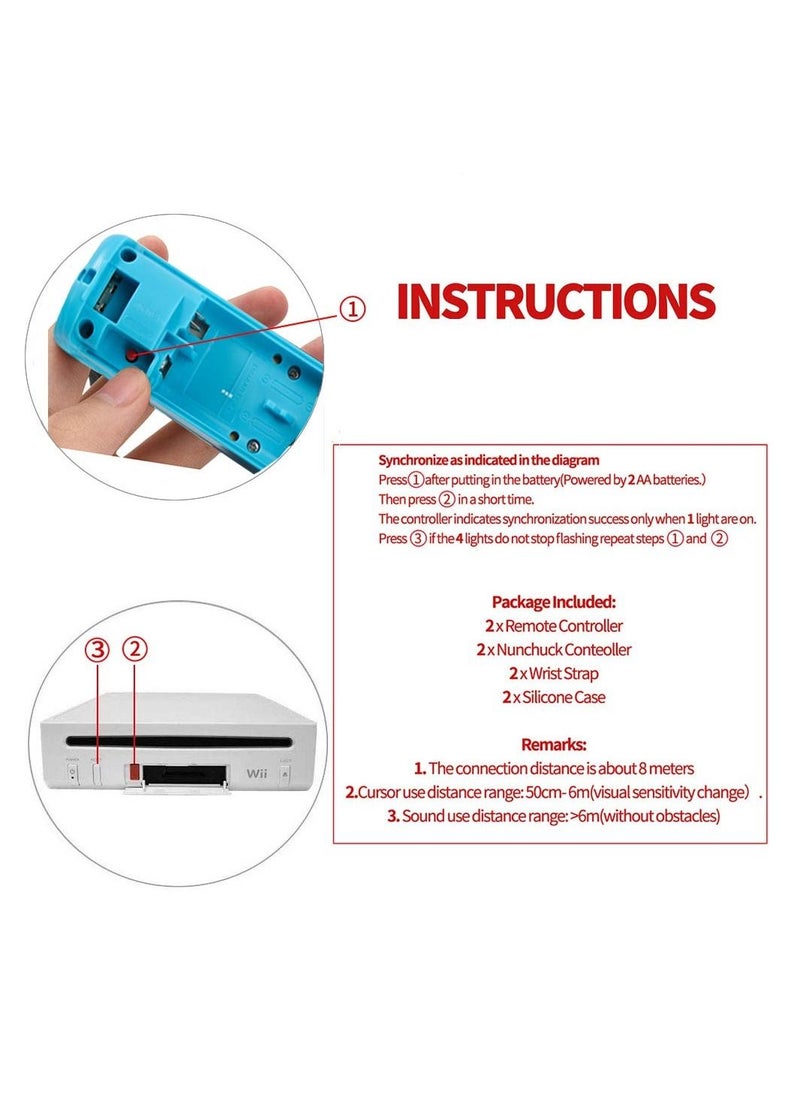 Remote Controller and Nunchaku Controller Replacement for Wii Remote Controller,Built in 3-axis Motion Sensor,Compatible with Nintendo Wii/Wii U,with Silicone Case and Wrist Strap (Blue 1set)