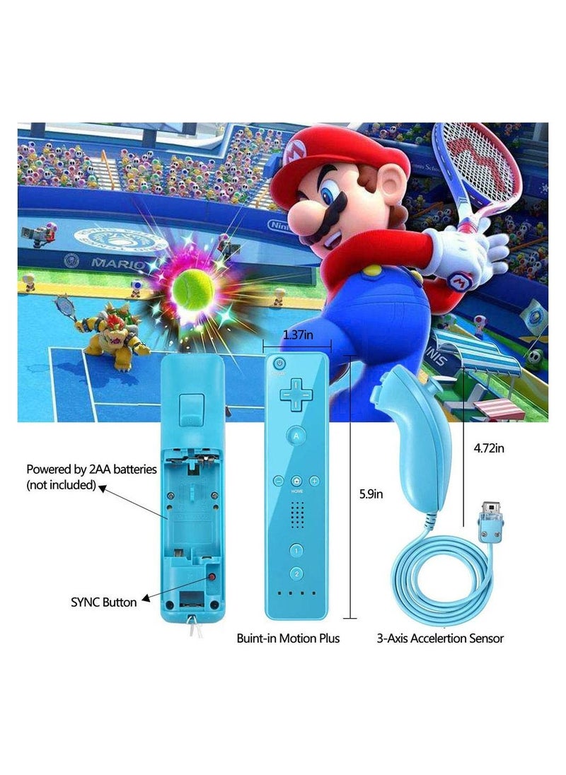 Remote Controller and Nunchaku Controller Replacement for Wii Remote Controller,Built in 3-axis Motion Sensor,Compatible with Nintendo Wii/Wii U,with Silicone Case and Wrist Strap (Blue 1set)
