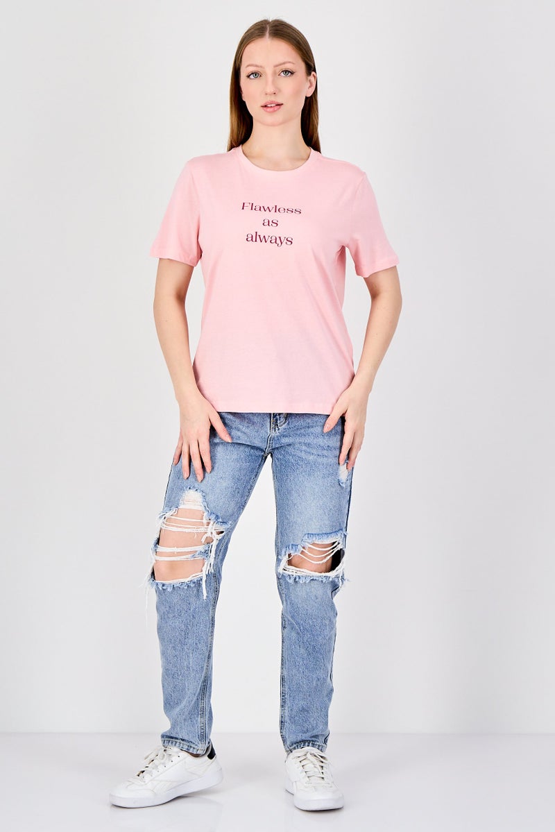 ONLY Women Crew Neck Short Sleeve Graphic Print T-Shirt, Pink - Image 4
