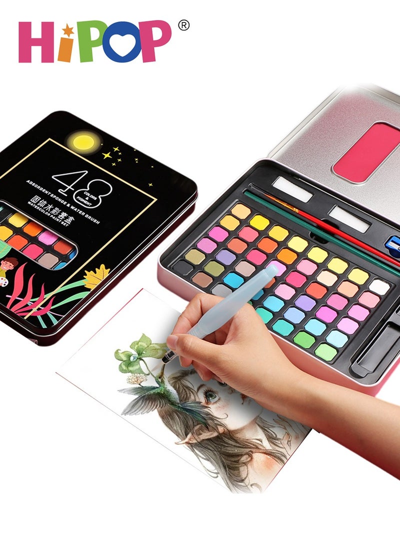 HIPOP Kids Art Painting Set with Iron Box,Contains 48 Color Blocks,Children's Watercolor Coloring Set  - Image 1
