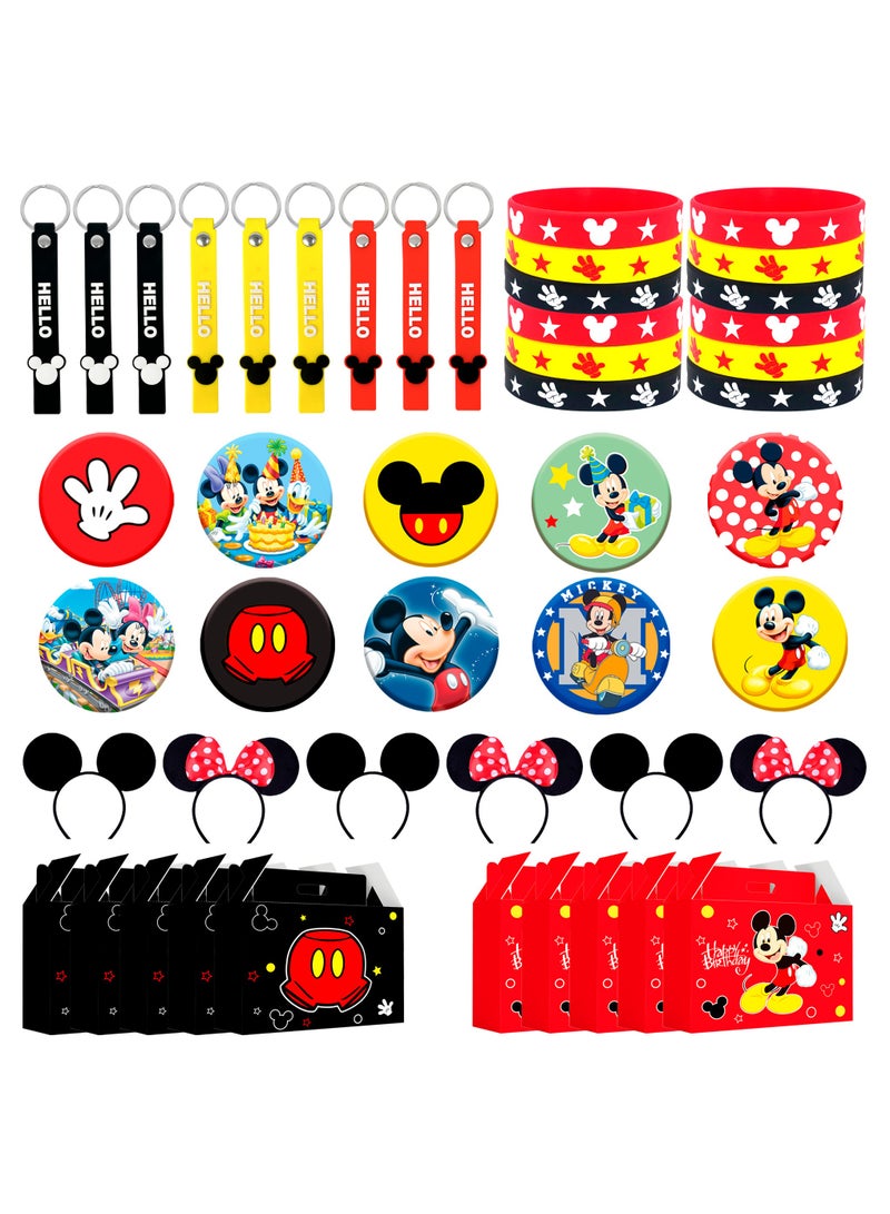 FRUITFUL PARTY Mickey Mouse Party Favors for 10 Guests, 50pcs All-in-One Mickey Party Favors Packs Mickey Mouse Ears Headband Cartoon Mickey Mouse Treat Box Mickey Party Silicone Bracelet Keychains Button Pin etc Mickey Mouse Party Supplies - Image 1