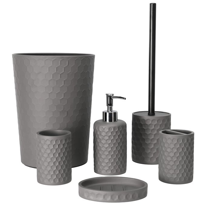 BATHROOM ACCESSORY SET 6 PIECE GREY BATHROOM ACCESSORIES SET WITH TRASH CAN TOOTHBRUSH HOLDER TOOTHBRUSH CUP SOAP DISPENSER SOAP DISH TOILET BRUSH WITH HOLDER TRASH CAN LIGHT GRAY