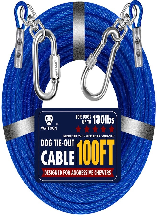 WATFOON Dog Leads for Yard 20ft 25ft 30ft 35ft 40ft 45ft 50ft 55ft 65ft 100ft Tie Out Cable Runner Steel Tieout Heavy Duty Tether Chew Proof Long Chains for Outside, Camping, Park (100ft-Blue) - Image 1