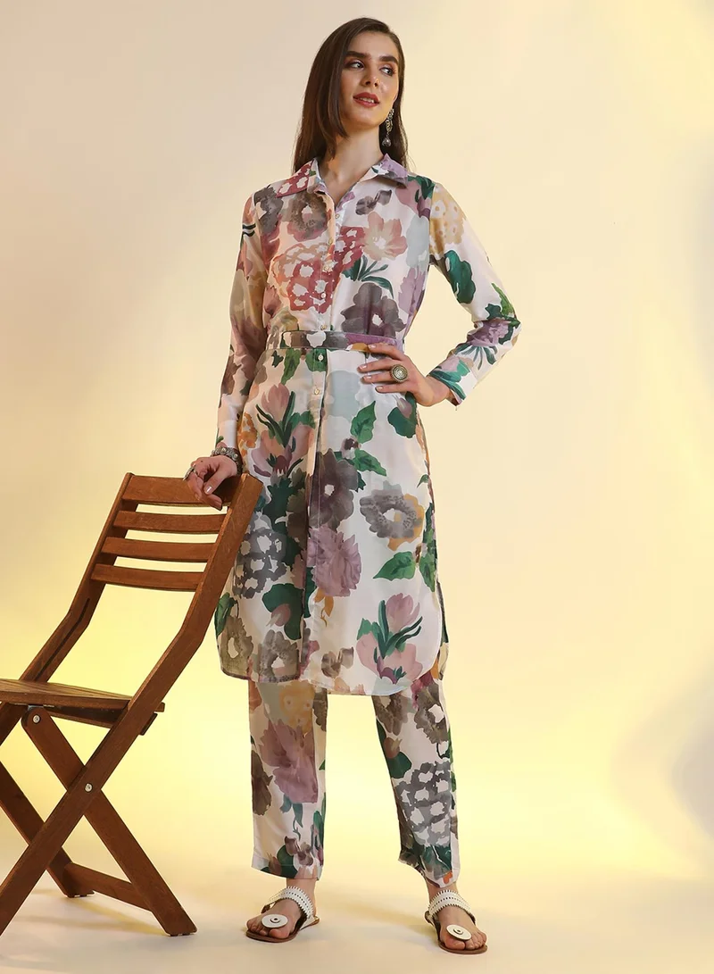 Qissa  Qissa Women's White & Purple Botanical Cluster Shirt Kurti With Trousers For Casual Wear | Spread Collar | Cuffed Sleeves | 2 Piece Kurta Set Designed With Comfort Fit For Everyday Ethnic Wear for Women | Best Price UAE