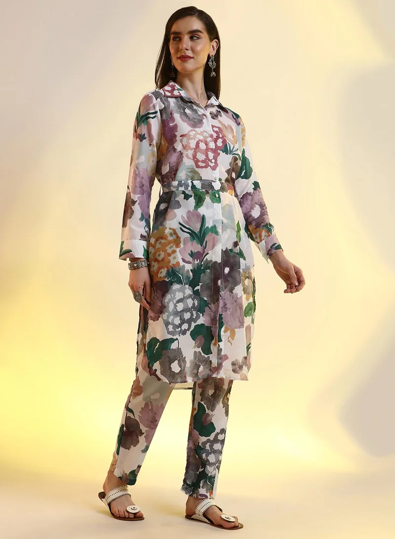 Qissa  Qissa Women's White & Purple Botanical Cluster Shirt Kurti With Trousers For Casual Wear | Spread Collar | Cuffed Sleeves | 2 Piece Kurta Set Designed With Comfort Fit For Everyday Ethnic Wear for Women | Best Price UAE