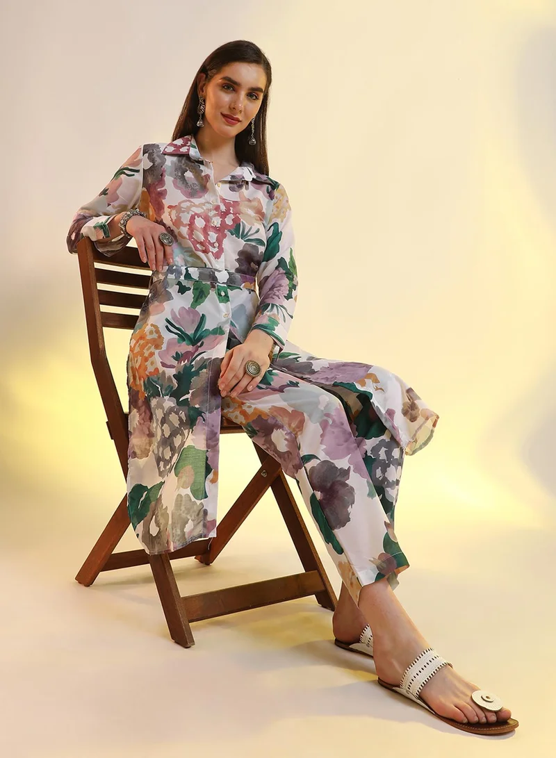Qissa  Qissa Women's White & Purple Botanical Cluster Shirt Kurti With Trousers For Casual Wear | Spread Collar | Cuffed Sleeves | 2 Piece Kurta Set Designed With Comfort Fit For Everyday Ethnic Wear for Women | Best Price UAE