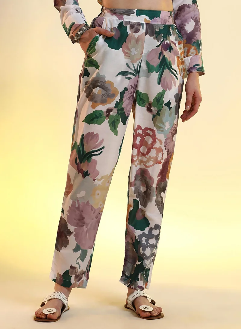 Qissa  Qissa Women's White & Purple Botanical Cluster Shirt Kurti With Trousers For Casual Wear | Spread Collar | Cuffed Sleeves | 2 Piece Kurta Set Designed With Comfort Fit For Everyday Ethnic Wear for Women | Best Price UAE