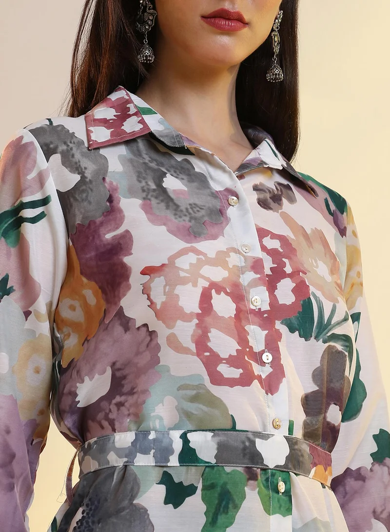 Qissa  Qissa Women's White & Purple Botanical Cluster Shirt Kurti With Trousers For Casual Wear | Spread Collar | Cuffed Sleeves | 2 Piece Kurta Set Designed With Comfort Fit For Everyday Ethnic Wear for Women | Best Price UAE