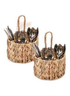KASTWAVE Water Hyacinth Woven Utensil Caddy with Handle, Silverware Caddy Flatware Caddy Kitchen Organizer, Hand Woven Wicker Flatware Cutlery Caddy for Kitchen Dining Table Picnic (2 PCS)  - Image 1