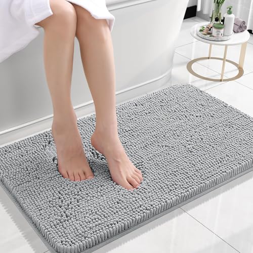 OLANLY Bathroom Rugs 24x16 Extra Soft Absorbent Chenille Bath Rugs Rubber Backing Quick Dry Machine Washable Bath Mats for Bathroom Floor Tub and Shower Home Decor Accessories Light Grey