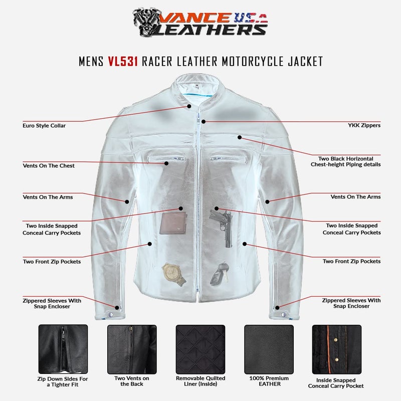 Vance Leather's Men's Premium Leather Motorcycle Racer Jacket with Vents Reflective Piping and CCW Pockets (XL) - Image 4
