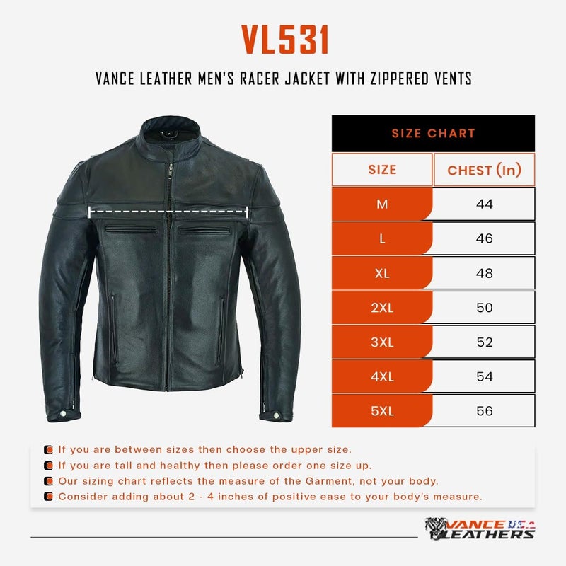 Vance Leather's Men's Premium Leather Motorcycle Racer Jacket with Vents Reflective Piping and CCW Pockets (XL) - Image 3