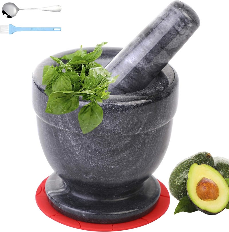 SIPARUI Mortar and Pestle Marble Set for Spices Pestos Seasonings Pastes Guacamole Bowl Herb Grinder Easy to Clean Included:Silicone Mat,Brush,Stainless Steel Spoon 4.33inch(Small,Black Gray) - Image 1