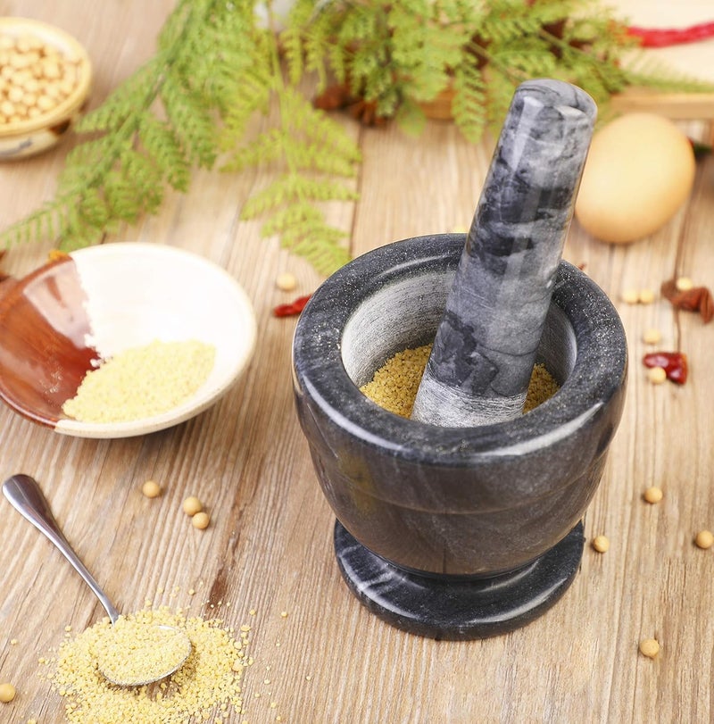 SIPARUI Mortar and Pestle Marble Set for Spices Pestos Seasonings Pastes Guacamole Bowl Herb Grinder Easy to Clean Included:Silicone Mat,Brush,Stainless Steel Spoon 4.33inch(Small,Black Gray) - Image 5