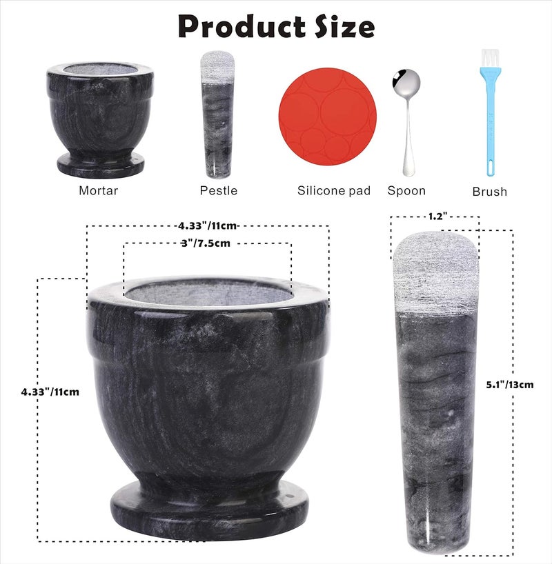 SIPARUI Mortar and Pestle Marble Set for Spices Pestos Seasonings Pastes Guacamole Bowl Herb Grinder Easy to Clean Included:Silicone Mat,Brush,Stainless Steel Spoon 4.33inch(Small,Black Gray) - Image 2