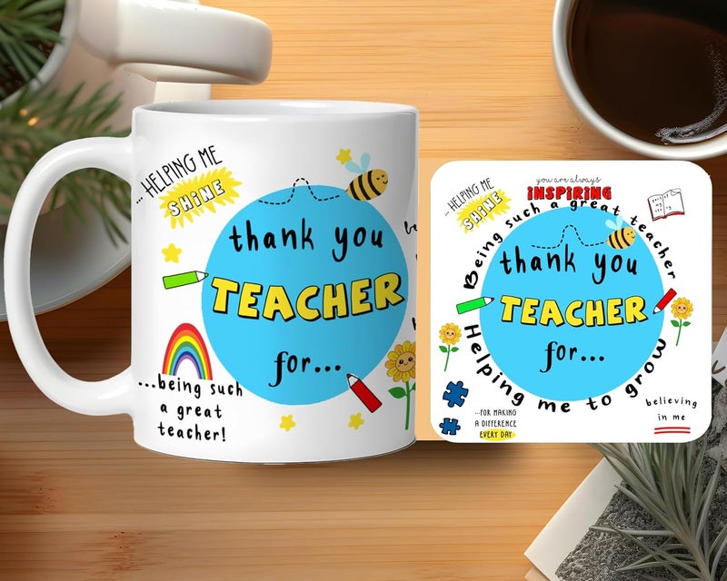 DAYS Thank You Teache Mug and Coaster Set Best Teacher Gift Teacher Mug Helping Me to Grow Mug Gift for Sister Brother Mother Father Teacher Mentor Birthday and Any Other Occasion Return Gift - Image 1