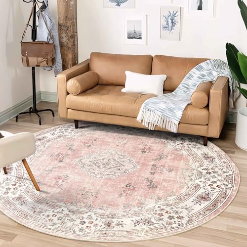 MUJOO Pink Round Rug 6ftCircle Washable Area Rugs for Bedroom Living Room BathroomBoho Large Non Slip Circular CarpetBlush Floral - Image 3