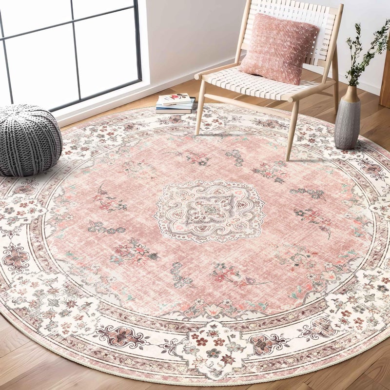 MUJOO Pink Round Rug 6ftCircle Washable Area Rugs for Bedroom Living Room BathroomBoho Large Non Slip Circular CarpetBlush Floral - Image 2