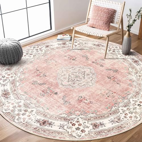 MUJOO Pink Round Rug 6ftCircle Washable Area Rugs for Bedroom Living Room BathroomBoho Large Non Slip Circular CarpetBlush Floral - Image 1