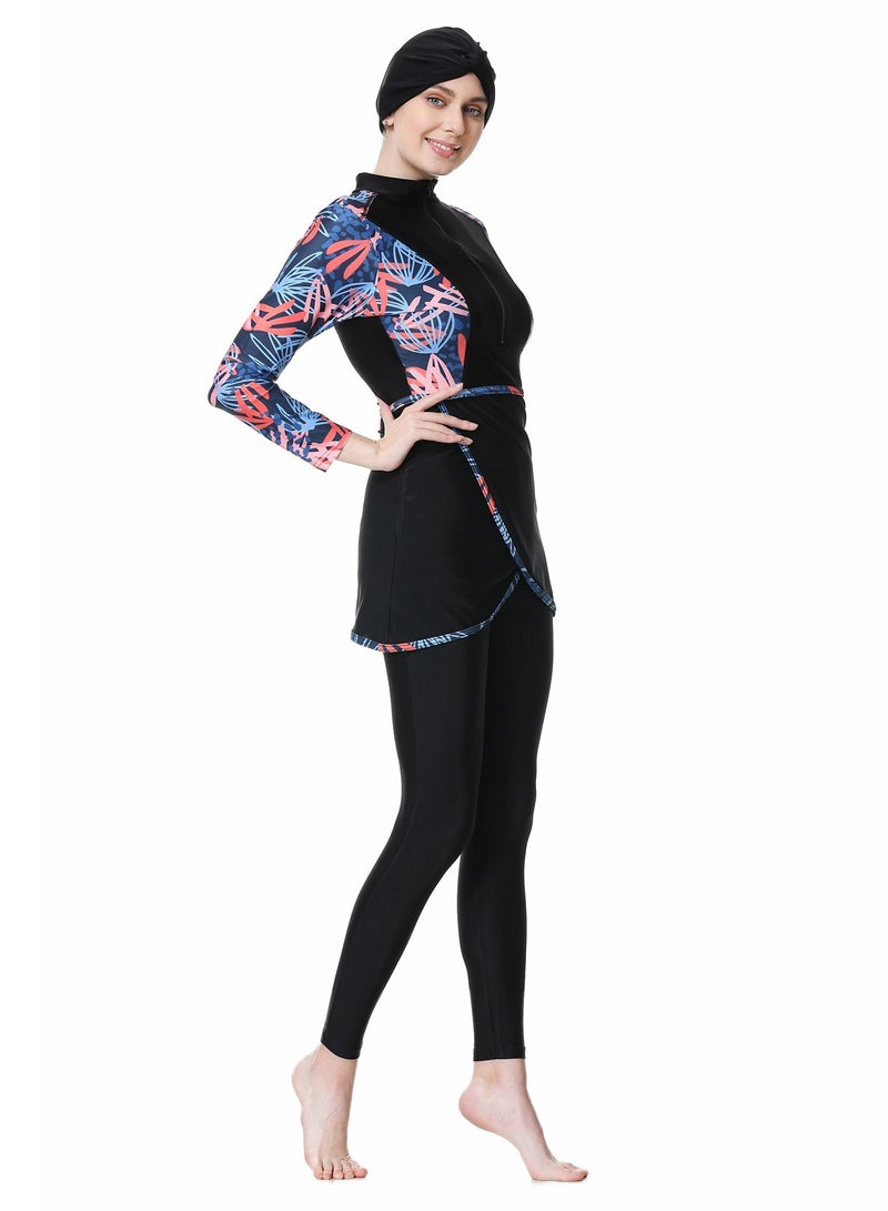 Loquat 3 Piece Conservative Women's Plus-Size Print Patchwork Pants Top Hat Swimsuit Multicolour - Image 2