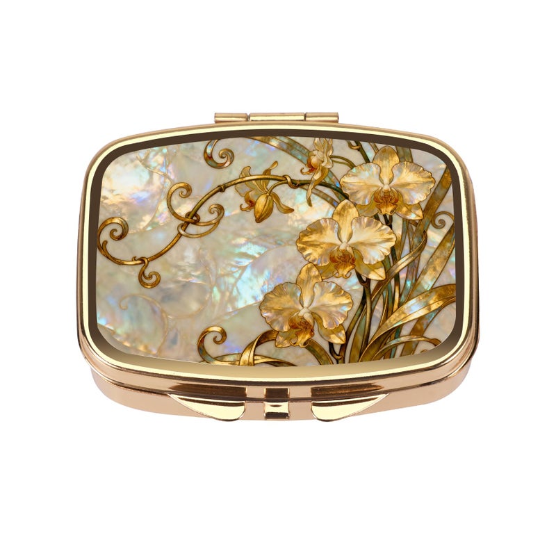 Dynippy Pill Case Pill Box with Mirror Retro Pocket 2 Compartment Medicine Case Vitamin Pill Organizer for Pocket Purse and Travel (Gold- Enamel Copper Flowers) - Image 1